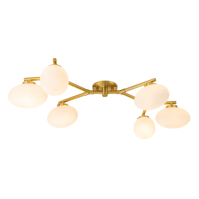Modern Mid-Century 6-Light Opal Oval Glass Globe Semi-Flush Mount Branching Ceiling Light for Bedroom Dining Room Living Room
