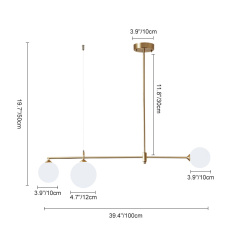 Mid-Century Modern 3 Light Linear Brass Ceiling Light with Round Glass Shade for Kitchen Island Dining Table