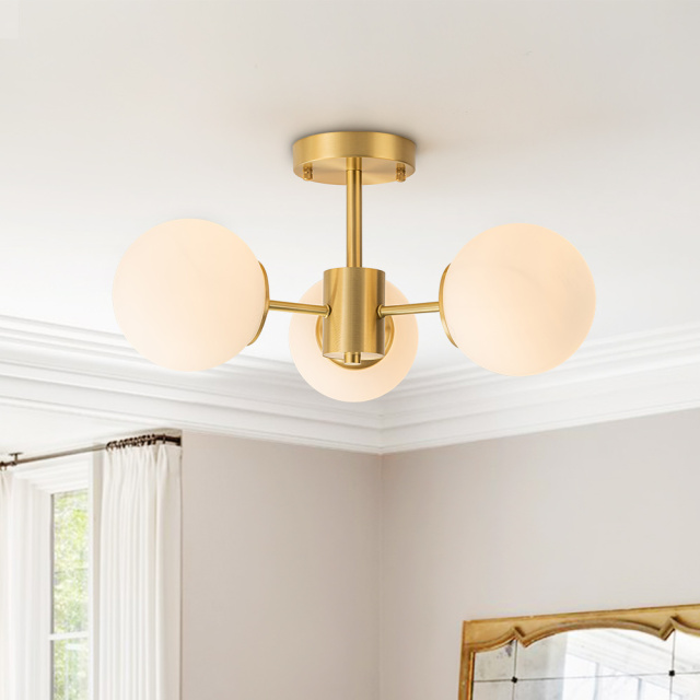 3-Light Mid-Century Modern Semi Flush Mount with Frosted Glass Globe for Dining Room/ Kitchen/ Living