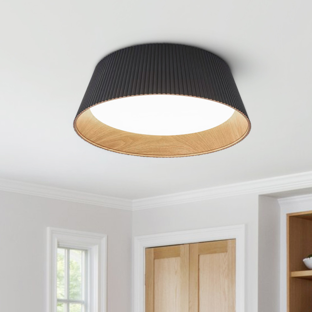 Modern Fluted Ribbed Round LED Flush Mount Ceiling Light in Wood Grain Finish For Hallway Home Office Living Room