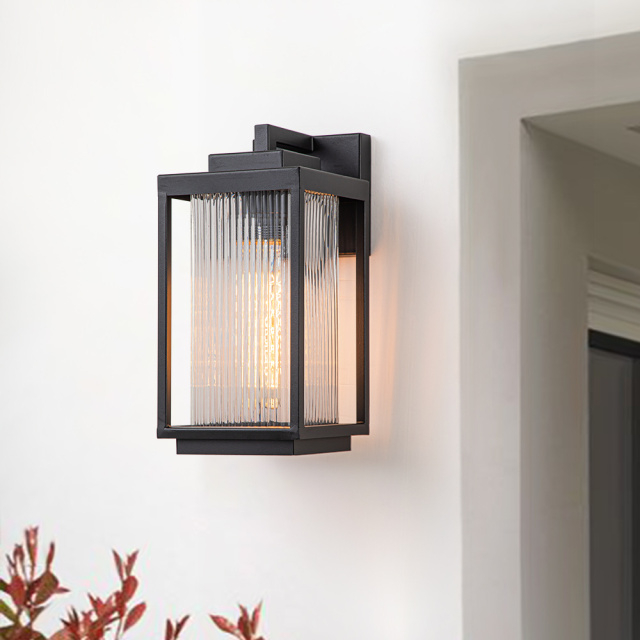 IP23 Outdoor Lantern Striped Glass Shade Wall Sconce Waterproof Indoor Porch Light Fixture in Modern Style