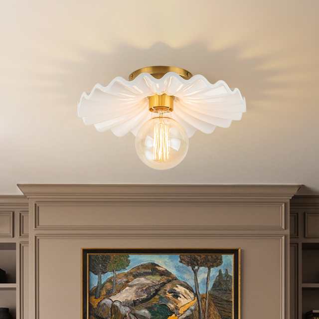Glossy Modern Ruffled Pleated Semi-Flush Mount Scalloped Ceramic Ceiling Light for Dining Room Bedside Kitchen