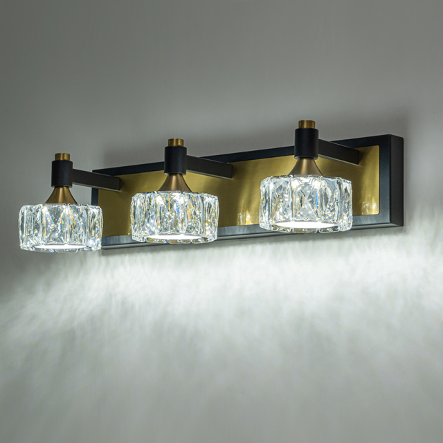 LED Modern 19.7" Wide 3 Light Crystal Wall Sconce Vanity Light in Black+Brass Finish for Bedroom Bathroom Hallway