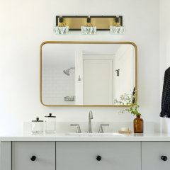 LED Modern 19.7" Wide 3 Light Crystal Wall Sconce Vanity Light in Black+Brass Finish for Bedroom Bathroom Hallway
