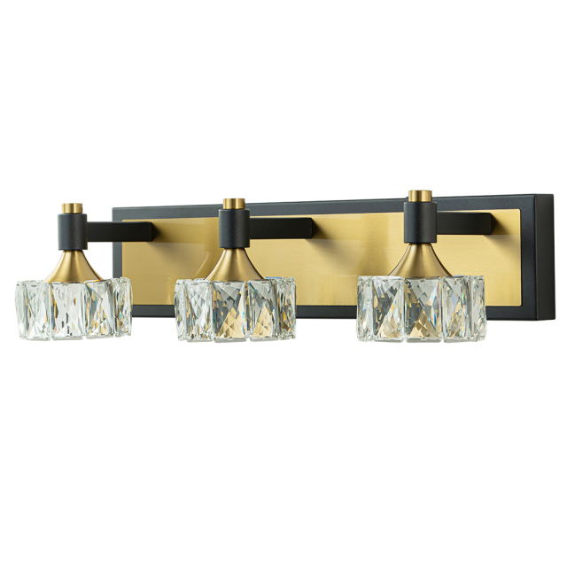 LED Modern 19.7" Wide 3 Light Crystal Wall Sconce Vanity Light in Black+Brass Finish for Bedroom Bathroom Hallway