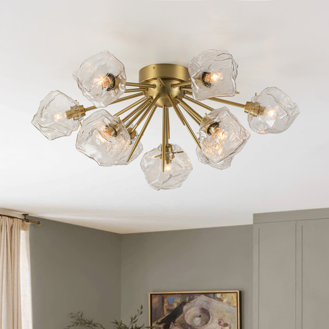 9-Light Modern Glam Ice Glass Semi Flush Mount Ceiling Light for Dining Room/ Kitchen/ Living Room