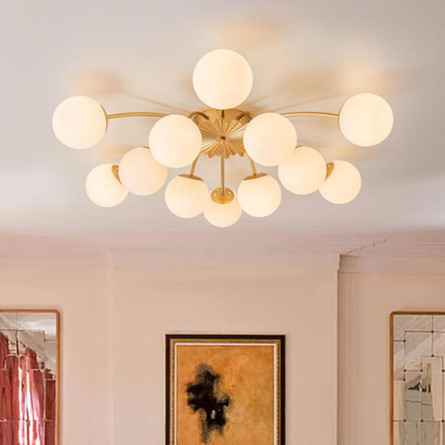 Modern Glam 12-Light Opal Glass Globe Semi-Flush Mount Ceiling Chandelier for Bedroom Dining Room Living Room