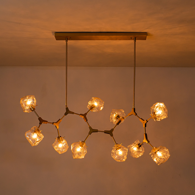 Modern Glam Branching Ice Glass Shade Chandelier Brass Island Hanging Light for Living Room/ Dining Room/ Kitchen