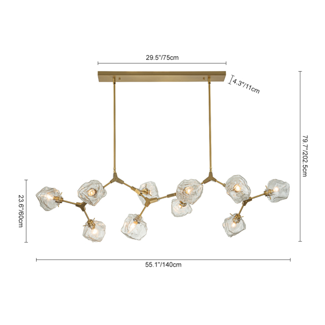 Modern Glam Branching Ice Glass Shade Chandelier Brass Island Hanging Light for Living Room/ Dining Room/ Kitchen