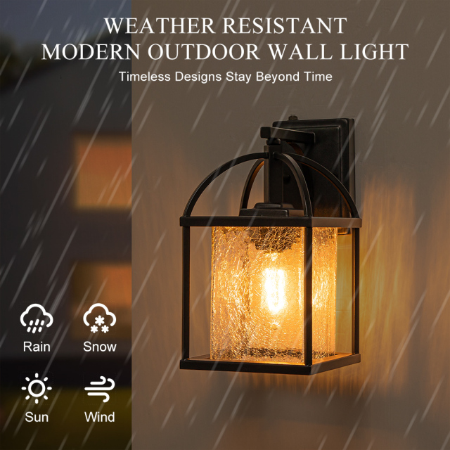 IP23 Outdoor Lantern Crackle Glass Shade Wall Sconce Waterproof Indoor Porch Light Fixture in Modern Style