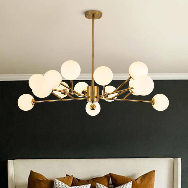 15-Light Glam Modern Sputnik Silhouette Branch Opal Globes Bubble Chandelier for Living Room/ Dining Room/ Kitchen