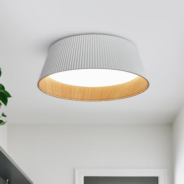 Modern Fluted Ribbed Round LED Flush Mount Ceiling Light in Wood Grain Finish For Hallway Home Office Living Room