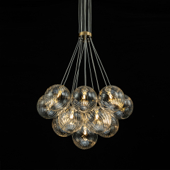 Modern Mid-Century Brass Cluster Ribbed Glass Globe Chandelier Light for Dining Room/ Living Room/ Bedroom