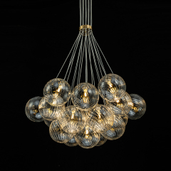 Modern Mid-Century Brass Cluster Ribbed Glass Globe Chandelier Light for Dining Room/ Living Room/ Bedroom