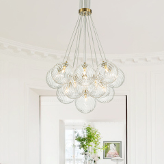 Modern Mid-Century Brass Cluster Ribbed Glass Globe Chandelier Light for Dining Room/ Living Room/ Bedroom