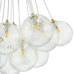 Modern Mid-Century Brass Cluster Ribbed Glass Globe Chandelier Light for Dining Room/ Living Room/ Bedroom