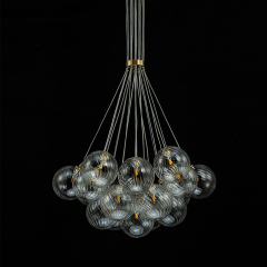 Modern Mid-Century Brass Cluster Ribbed Glass Globe Chandelier Light for Dining Room/ Living Room/ Bedroom
