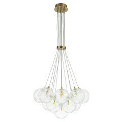 Modern Mid-Century Brass Cluster Ribbed Glass Globe Chandelier Light for Dining Room/ Living Room/ Bedroom