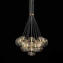 Modern Mid-Century Brass Cluster Ribbed Glass Globe Chandelier Light for Dining Room/ Living Room/ Bedroom