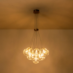 Modern Mid-Century Brass Cluster Ribbed Glass Globe Chandelier Light for Dining Room/ Living Room/ Bedroom