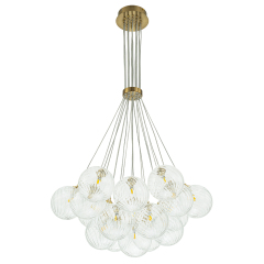 Modern Mid-Century Brass Cluster Ribbed Glass Globe Chandelier Light for Dining Room/ Living Room/ Bedroom