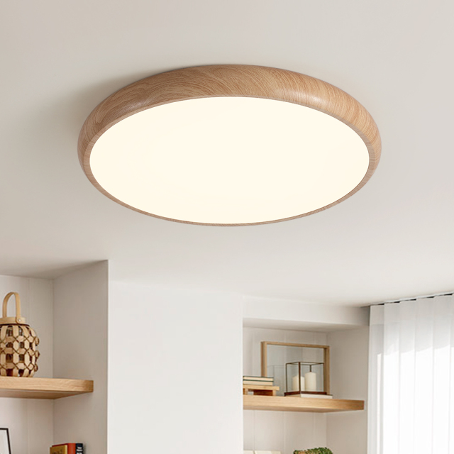 Modern Minimalist Round LED Flush Mount Ceiling Light in Smooth Wood Walnut Grain Finish For Hallway Home Office Living Room
