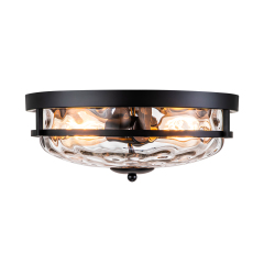 2-Light Clear Seeded Glass Flush Mount Black Ceiling Light