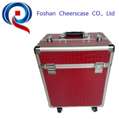 Pink Smooth Pattern 4-wheels Professional Aluminum Cosmetic Trolley Case