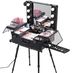 Rolling Makeup Case 28"x21"x54" with LED Light Mirror Adjustable Legs Lockable Train Table Studio Artist Cosmetic