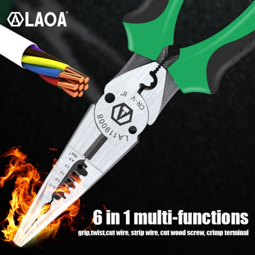 LAOA Multi Pliers Wire Stripper 0.7-4.0mm range 8 Inch Cr-V Crimping Tool 6 in 1 Long Nose Needle-nose Pliers Wire Cutter