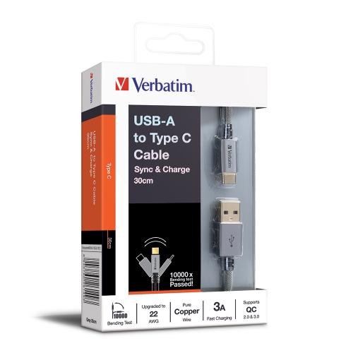 【7日包換&快速充電&原裝香港行貨】Verbatim USB-A to Type C 充電傳輸線 叉電線 充電線 數據線（30cm/120cm）黑色66149-66152