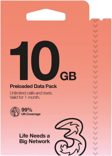 3UK Three 英國+歐洲30日10 GB data (Pay As You Go SIM)無限英國通話，免費歐洲漫遊數據（提供英國電話號碼）