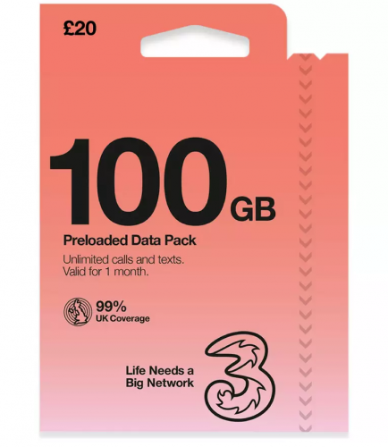 Three uk 英國30日 100GB data，無限英國通話，免費歐洲漫遊數據， Pay As You Go SIM（提供英國電話號碼）