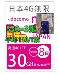 （超大流量  吃到嘔 超低價  此優惠只限30日 ）4G LTE 日本Docomo 8日4G 30GB之後256K無限上網卡 數據卡Sim卡電話咭data