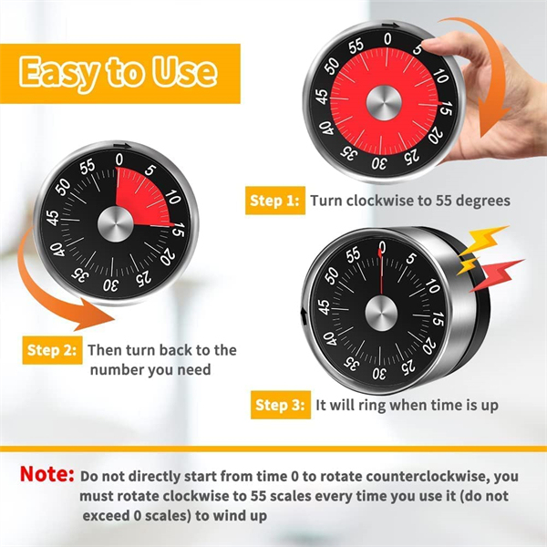 Maidodo Magnetic Mechanical Kitchen Timer -Countdown Timer 60 Minute Visual Time Management Tool Baking Cooking Steaming Barbecue (Black) for Kids, Teachers and Adults