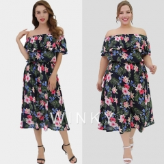 Off Shoulder Summer Flower Print Women Boho Plus Size Casual Dress