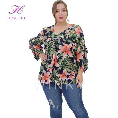 Big Size Plus Size Long Sleeve Floral Printed Hawaii Fat Women Casual Ruffle Tops Blouses