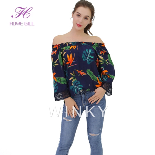 Lady Blouse Fashion Long Sleeve Floral Printed Off Shoulder Women Tops