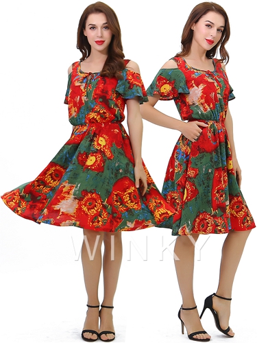 Vestido corto con estampado floral de la flor de la vendimia de las señoras Moda manga del volante Vestidos de verano
