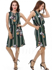 Blumen-Streifen-Sommer ärmellose beiläufige kurze Frauen-Kleider