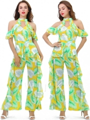 Sexy Backless Leaf Printing Summer Ruffle Ladies Fashion Jumpsuit