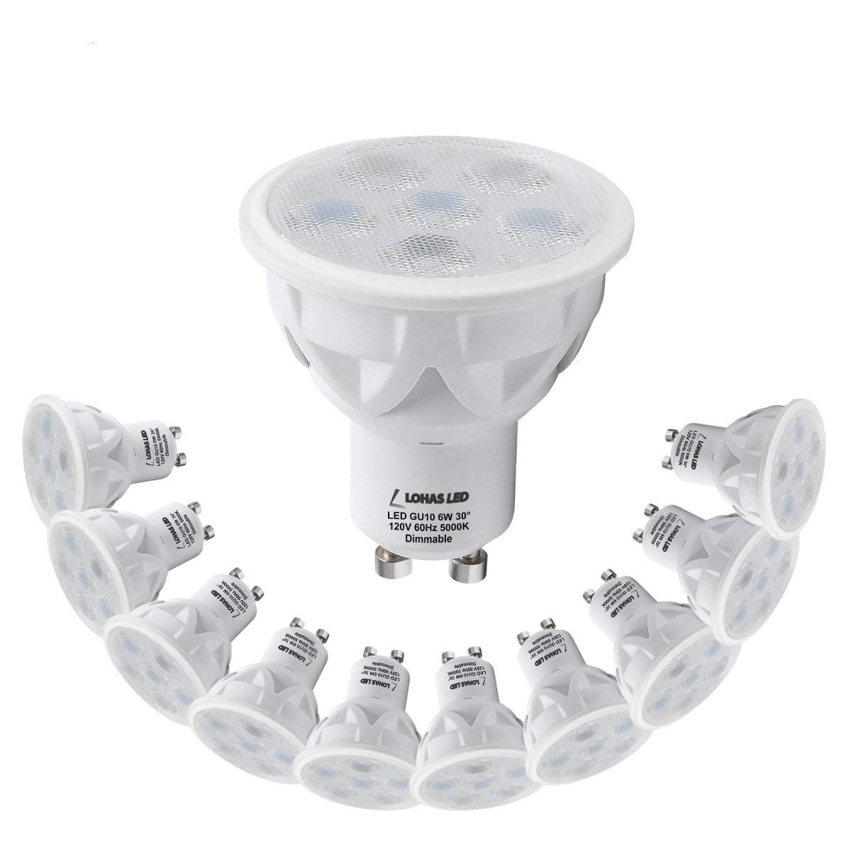 LOHAS GU10 Dimmable LED Bulbs，50W Halogen Bulb Equivalent,  Daylight White 5000K with UL Listed, 6 W，500 Lumen（10 Pack）
