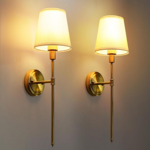 Wall Sconces Sets of 2, Dual Purpose Wired/Battery Operated Wall Sconce (No Bulbs), Classic Brushed Brass Wall Lamp with Fabric Shade, Wall Lamps for 