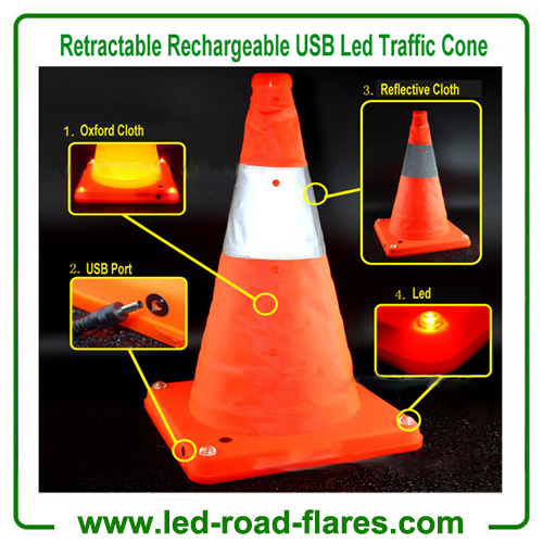 China Orange Foldable Collapsible USB Rechargeable Cones Pop up Rechargeable Traffic Cone Manufacturer Supplier Factory