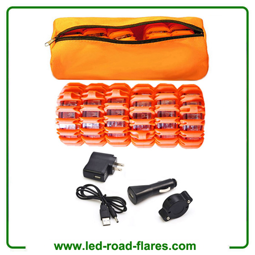 6 Pack Storage Bag Amber Orange Rechargeable Led Super Road Flares Kit With Soft Carry Bag