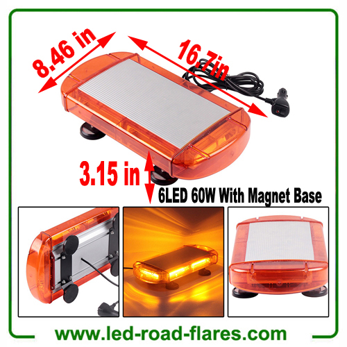 12V 60W 6-COB LED Emergenecy Warning Flashing Lights Amber Hazard Beacon Lights Bar Recovery Strobe Light with Magnetic Base