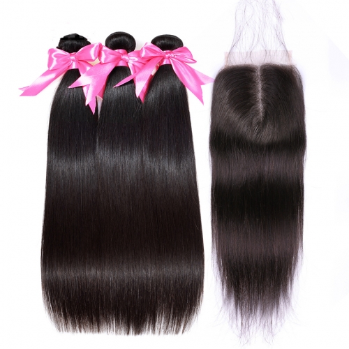 FashionPlus  9A Malaysian Straight Virgin Hair 3Bundles with 4x4 Lace Closure