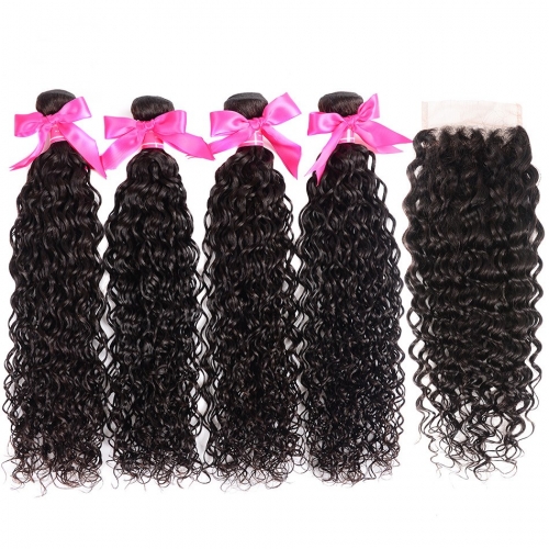 FashionPlus 4 Bundles Brazilian Hair Water Weave Bundles with 4*4 Lace Closure, 9a Grade, 100% Unprocessed Human Hair