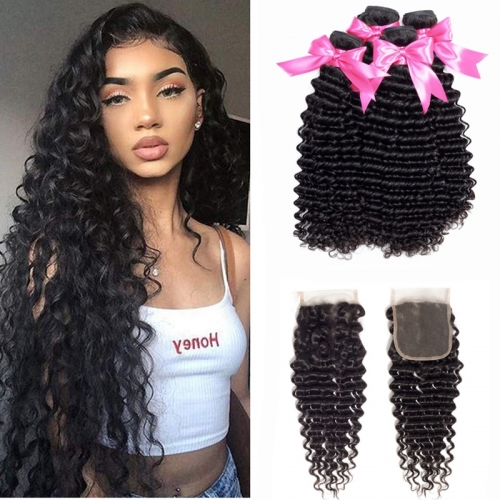 FashionPlus 4 Bundles Peruvian Deep Wave Hair Weave Bundles with 4*4 Lace Closure, 9a Grade, 100% Unprocessed Human Hair