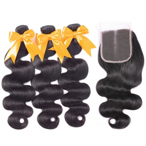 FashionPlus Indian Virgin Body Wave Hair 3 Bundles With 4*4 Lace Closure, Unprocessed Indian Hair Extension